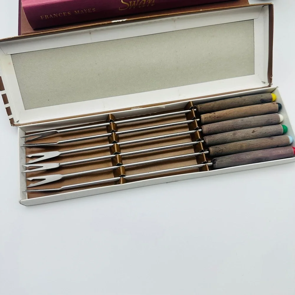 Vintage HIC 6 Piece Stainless Steel Fondue Forks Wood Handle Color Tips Box